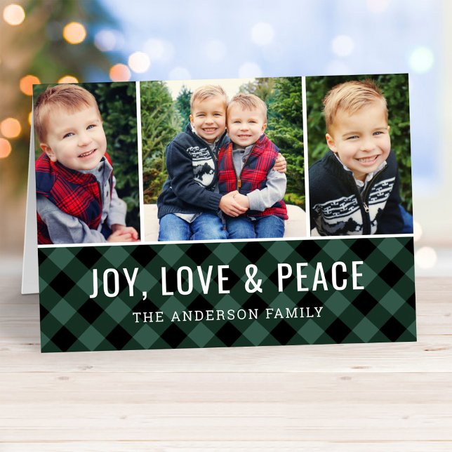 Joyful Modern Green Buffalo Plaid Photo Collage Holiday Card (Creator Uploaded)