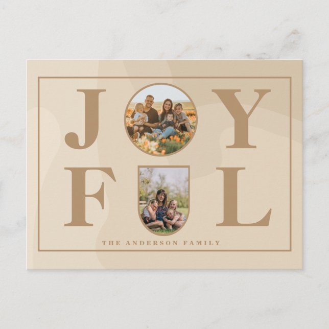 Joyful | Modern Minimalist Beige Arch Two Photo  Holiday Postcard (Front)