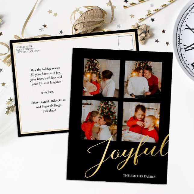 Joyful Modern Minimalist Black Gold Script Photo Foil Holiday Postcard (Creator Uploaded)