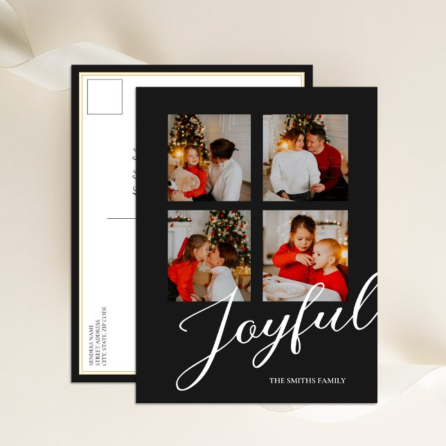 Joyful Modern Minimalist Black Script 4 Photo Holiday Postcard (Creator Uploaded)