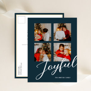 Joyful Modern Minimalist Blue Script 4 Photo Holiday Postcard