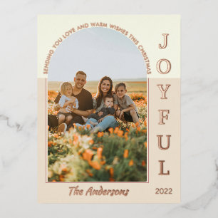 Joyful Modern Minimalist Boho Arch Photo Beige Foil Holiday Postcard