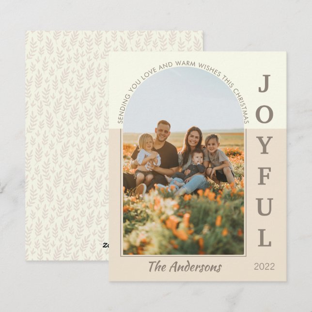 Joyful Modern Minimalist Boho Arch Photo Beige Holiday Card (Front/Back)
