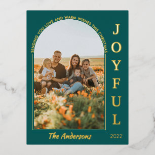Joyful Modern Minimalist Elegant Arch Photo Green  Foil Holiday Postcard