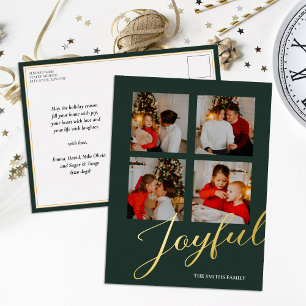 Joyful Modern Minimalist Green Gold Script Photo Foil Holiday Postcard