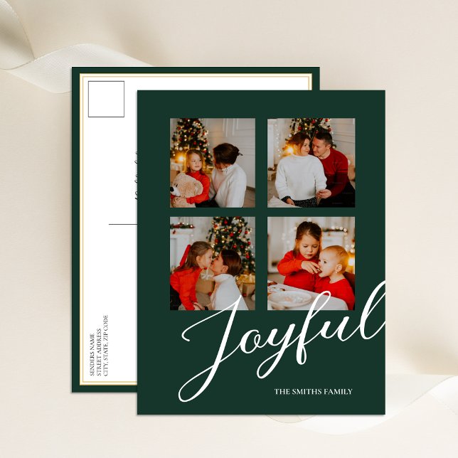 Joyful Modern Minimalist Green Script 4 Photo Holiday Postcard (Creator Uploaded)