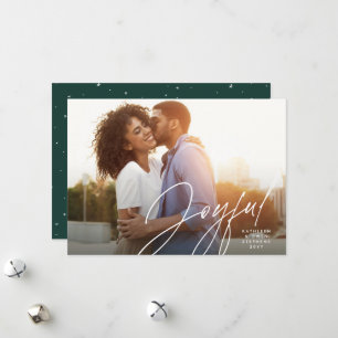 Joyful modern script one photo green Christmas Hol Holiday Card