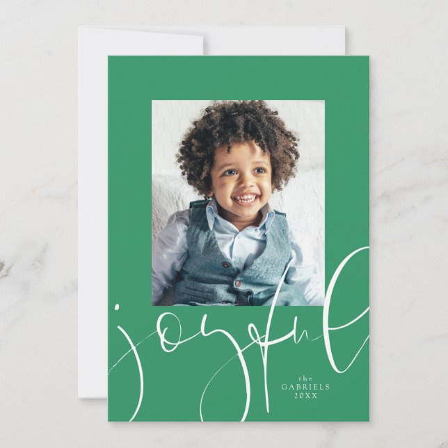 Joyful modern script one photo green Christmas Holiday Card (Front)