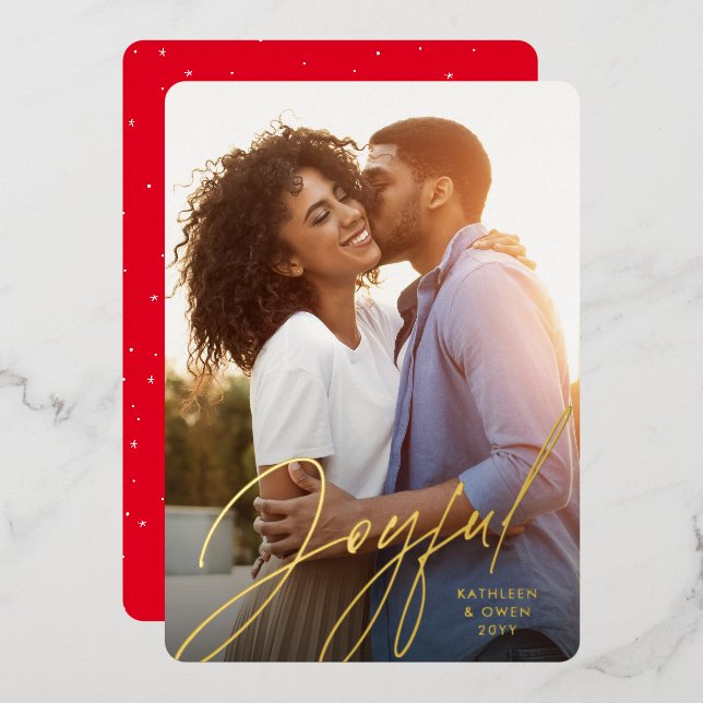 Joyful modern script one photo red Christmas Foil Holiday Card (Front/Back)