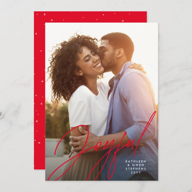 Joyful modern script one photo red Christmas Holiday Card (Front/Back)
