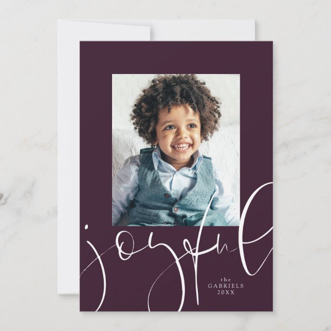 Joyful modern script plum one photo Christmas Holiday Card (Front)