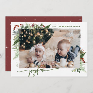 JOYFUL Modern Script Red Green Boho Greenery Photo Holiday Card