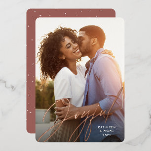 Joyful modern script rose gold Christmas photo Foil Holiday Card