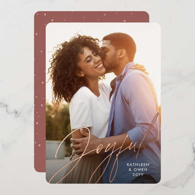 Joyful modern script rose gold Christmas photo Foil Holiday Card (Front/Back)