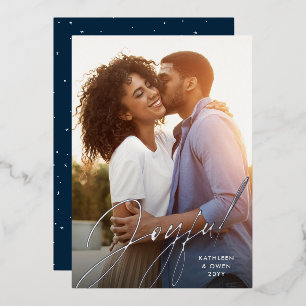 Joyful modern script silver navy Christmas photo Foil Holiday Card