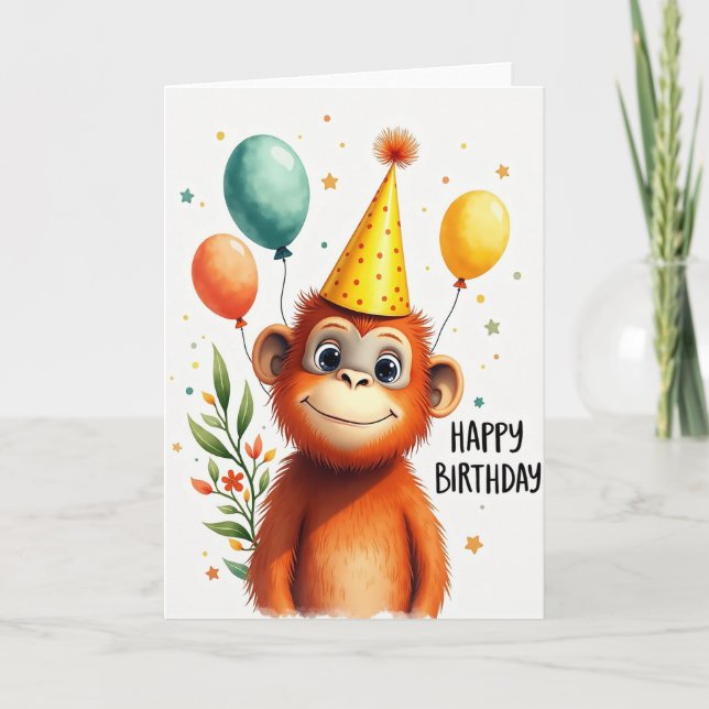 Joyful Monkey Party Hat Card (Front)