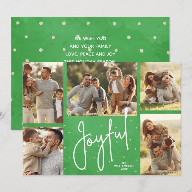 JOYFUL Multi Photo Green Christmas Holiday Card (Front/Back)