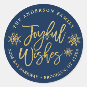 Joyful Navy Blue Faux Gold Holiday Return Address Classic Round Sticker