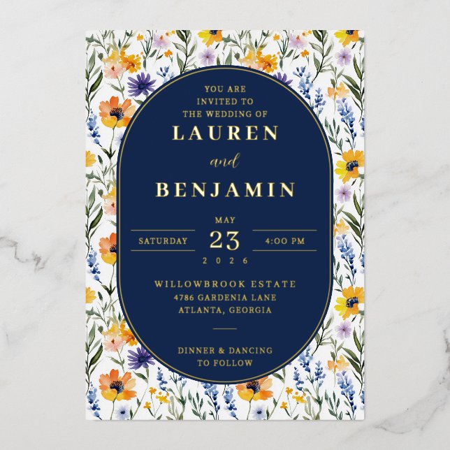 Joyful Navy Floral Wedding Invitation (Front)