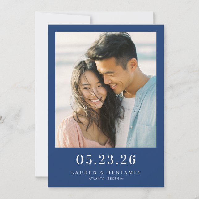Joyful Navy Minimalist Photo Save The Date (Front)