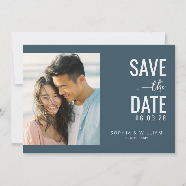 Joyful Navy Minimalist Photo Save The Date (Front)
