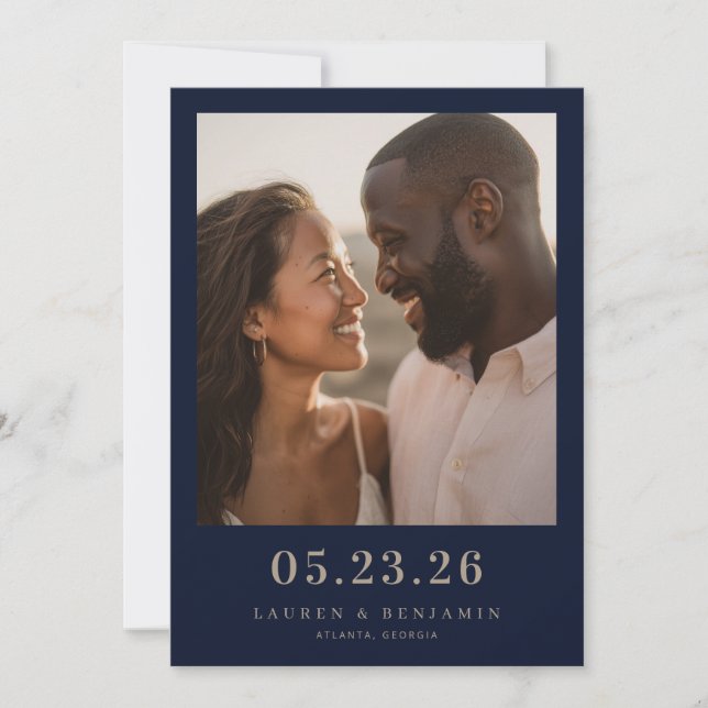 Joyful Navy Photo Save The Date (Front)