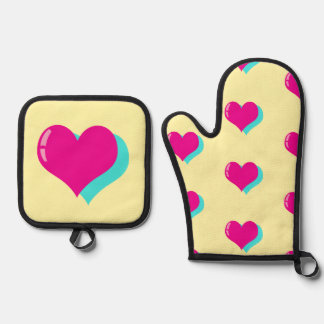 Joyful Neon Love Retro Vaporwave Hearts Fun Oven Mitt & Pot Holder Set