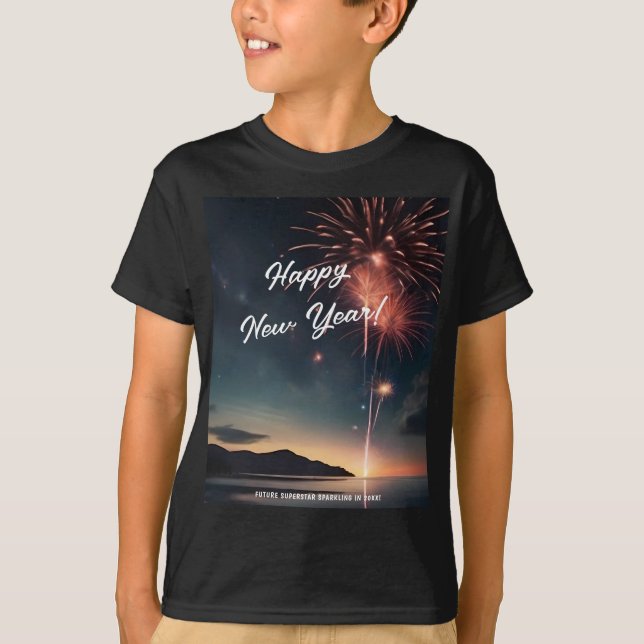 Joyful New Year Fireworks Script Typography Kids T-Shirt (Front)