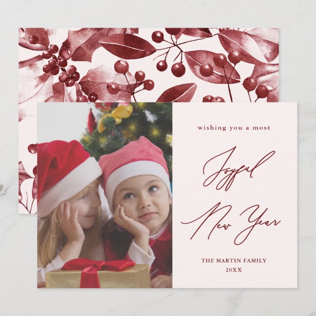 Joyful New Year Winter Botanical Photo Red Photo Invitation (Front/Back)
