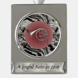Joyful Note French Horn Drawing Custom Text Silver Plated Banner Ornament