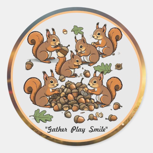 "Joyful Nut Gathering Squirrels" Classic Round Sticker (Front)