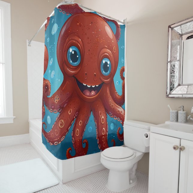 Joyful Octopus: Whimsical Shower Delight bathroom Curtain (In Situ)