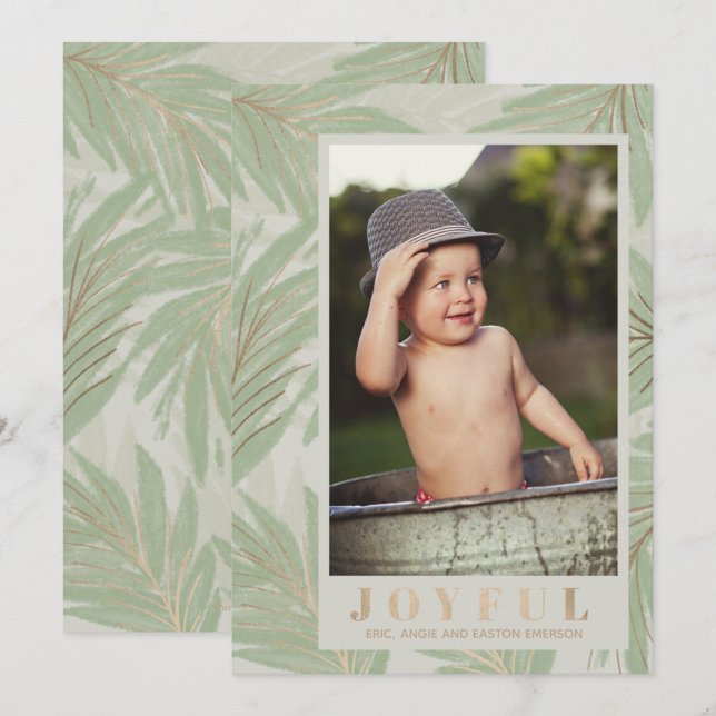 Joyful on Green Leaves Christmas Photo Holiday Card (Front/Back)