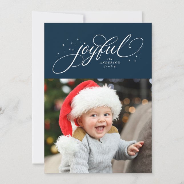 Joyful one photo navy Christmas Holiday Card (Front)