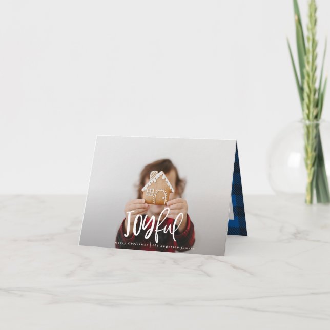 Joyful one photo script tartan family holiday note card (Front)