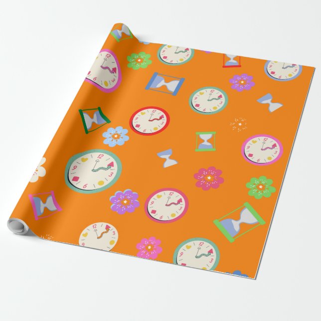 Joyful orange clocks and flowers party wrapping paper (Unrolled)