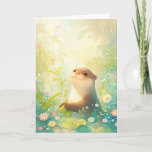 Joyful Otter in a Rainy Floral Wonderland Card