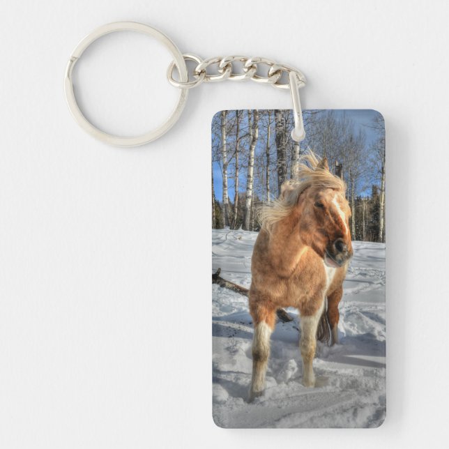 Joyful Palomino Pinto Horse and Snow Key Ring (Front)