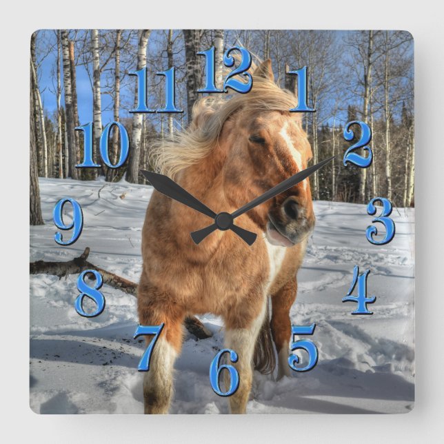 Joyful Palomino Pinto Horse and Snow Square Wall Clock (Front)