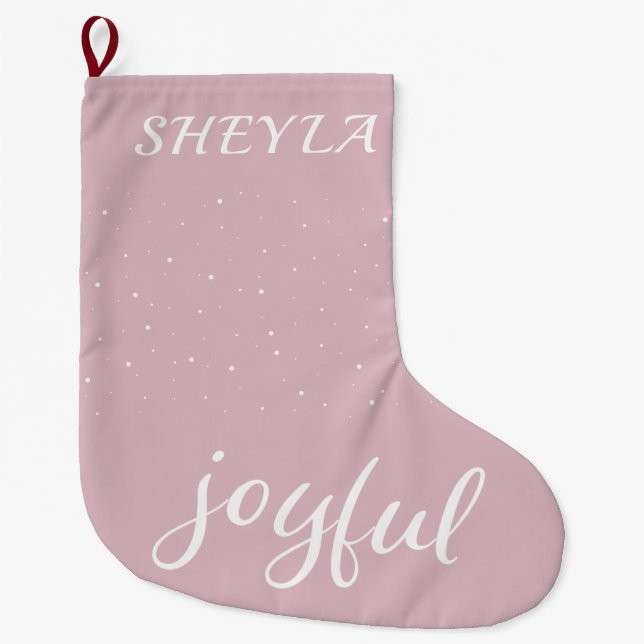 Joyful Pastel Pink Script Christmas Holiday Large Christmas Stocking (Front)