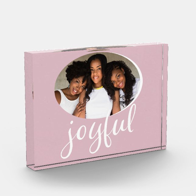 Joyful Pastel Pink Script Christmas Holiday Photo Block (Left)