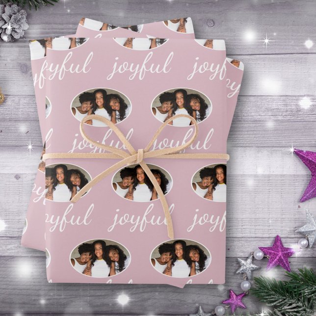 Joyful Pastel Pink Script Christmas Holiday Photo  Wrapping Paper Sheet (Creator Uploaded)