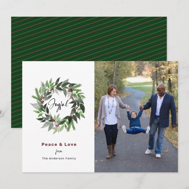 Joyful Peace and Love Christmas Wreath Photo Holiday Card (Front/Back)