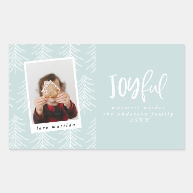 Joyful photo and Christmas tree holiday favour Rectangular Sticker (Front)