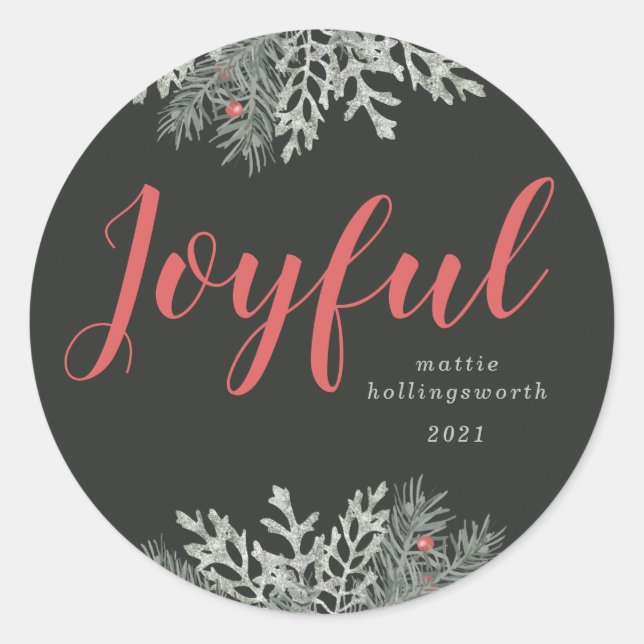 Joyful Photo Christmas Winter Floral Red Holiday Classic Round Sticker (Front)