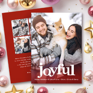 Joyful Photo Collage Bold Typography Christmas Red Holiday Card