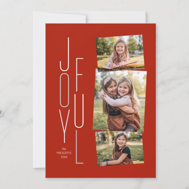 Joyful photo collage red holiday card (Front)