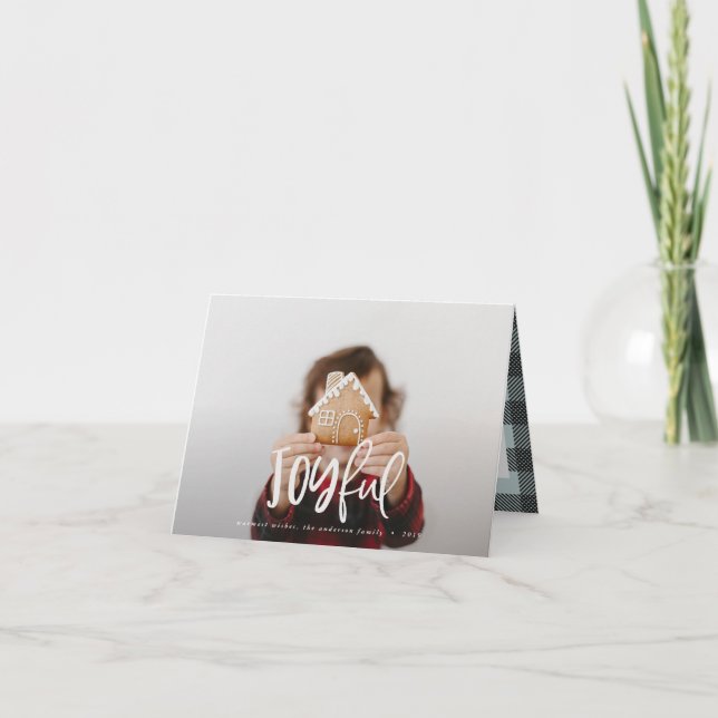 Joyful photo script text and tartan family holiday note card (Front)