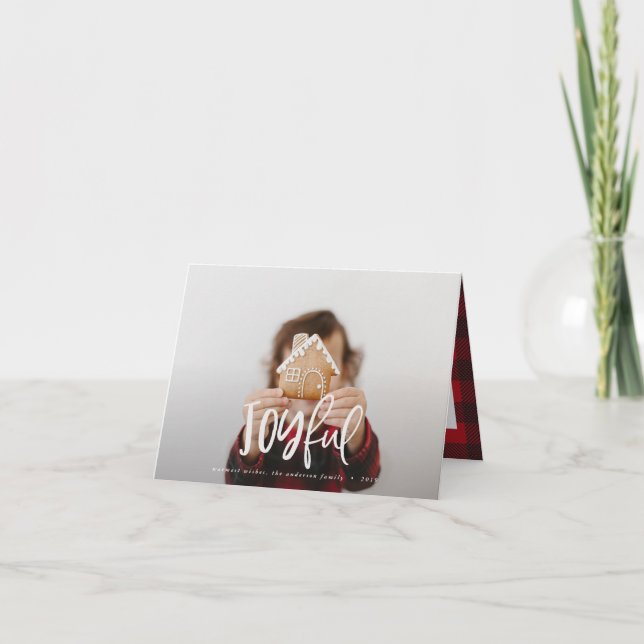 Joyful photo script text and tartan family holiday note card (Front)