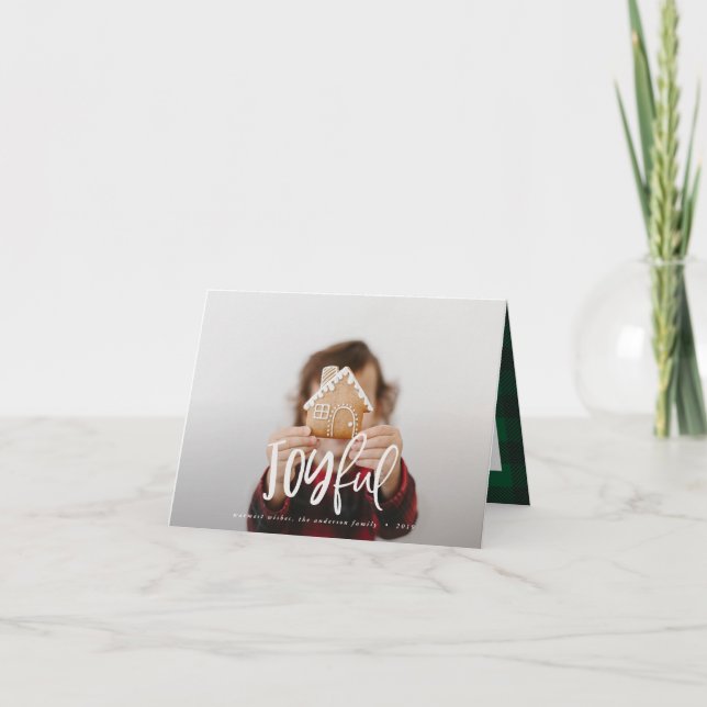 Joyful photo script text and tartan family holiday note card (Front)
